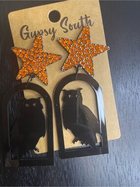 Black Owl Rhinestone Orange Star Halloween Earrings Gypsy South